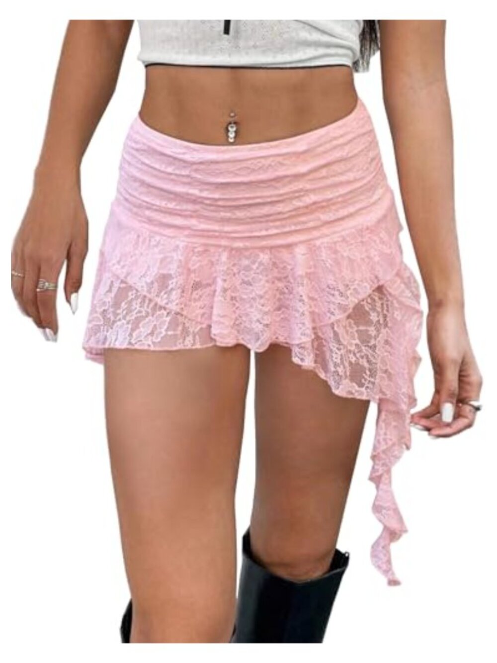 Y2K Lace Layered Mini Skirt Ruched A-Line Tiered Ruffle Cute